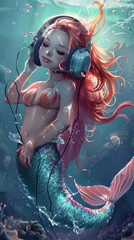 Canvas Print - A mermaid with headphones listening to music