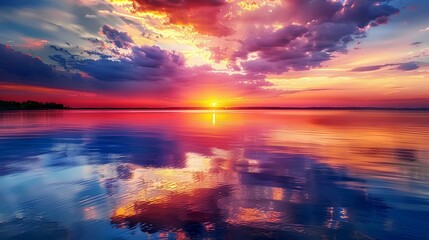 A mesmerizing sunset over a tranquil lake, with vibrant hues reflecting on the water.