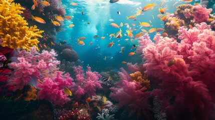 A vibrant underwater world teeming with life, with coral reefs in a kaleidoscope of colors.