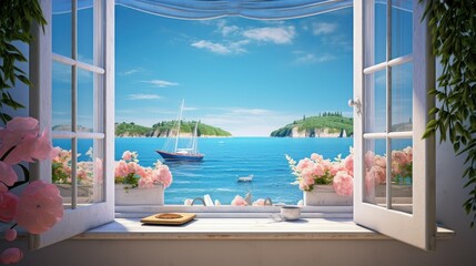 Wall Mural - A beautiful view of the sea from an open window