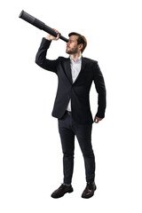 Fototapete - A man in a suit looking through a large telescope, isolated on a white background, depicting the concept of searching or vision