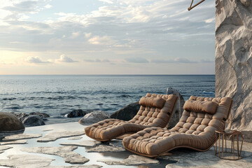 two empty chaises longues overlooking a tranquil ocean on a cloudy day