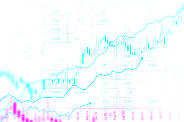 Wall Mural - Abstract financial chart with candlestick and line graph on a blue and white background, concept of stock market analysis