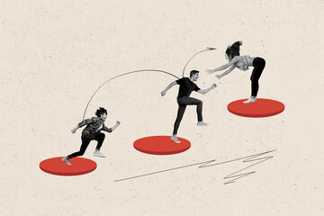 Wall Mural - creative collage young ambitious man woman leadership step go upwards upstairs climb support help te