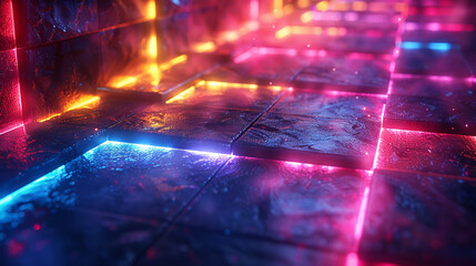 A colorful, neon-lit room with a blue and red floor. The floor is made up of square tiles that are illuminated with different colors. The room has a futuristic, sci-fi vibe to it