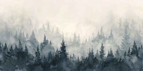 Wall Mural - Misty Watercolor Forest Landscape