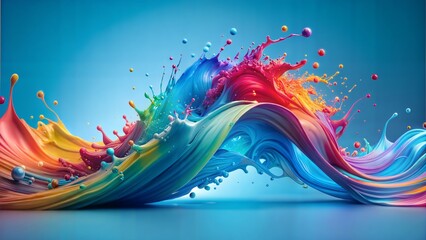 on a light blue background, a wave of multicolored color with fine splashes