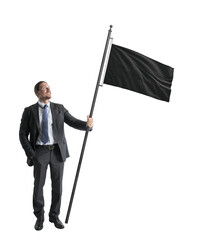 Canvas Print - A man in a business suit holds a large black flag on a white background, depicting a concept of leadership or announcement