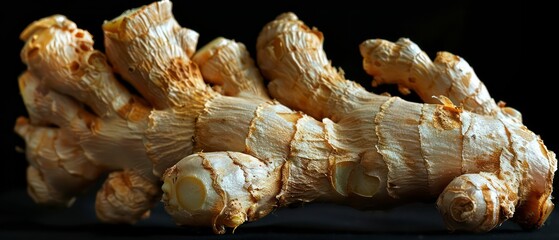 Ginger root placed against a black background, highlighting its rich texture and warm tones, ideal for showcasing its natural, aromatic qualities.