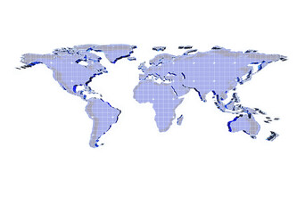 Poster - Stylized blue world map with a grid pattern on a white background, depicting a global network concept. 3D Rendering