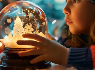 Wall Mural - child with christmas glass snow globe