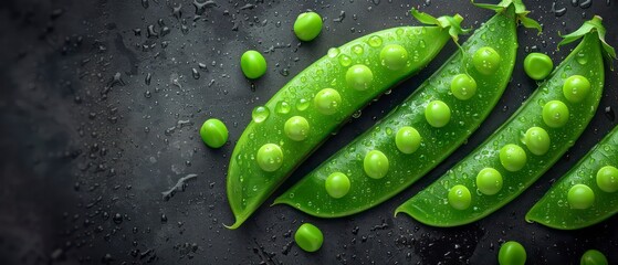 Wall Mural - Fresh green peas, some halved, rest on a sleek black background, emphasizing their vibrant color and texture, ideal for showcasing natural, healthy produce.