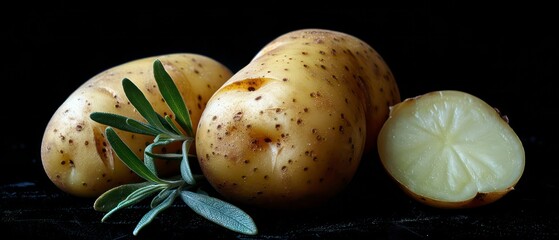 Wall Mural - potatoes are scattered on a black background, highlighting their rustic texture and earthy appeal in a simple, natural setting.