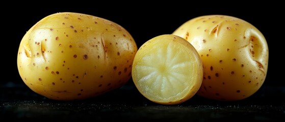 Wall Mural - potatoes are scattered on a black background, highlighting their rustic texture and earthy appeal in a simple, natural setting.