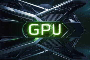 Wall Mural - A green glowing GPU (graphics processing unit) on a black background with silver accents.

