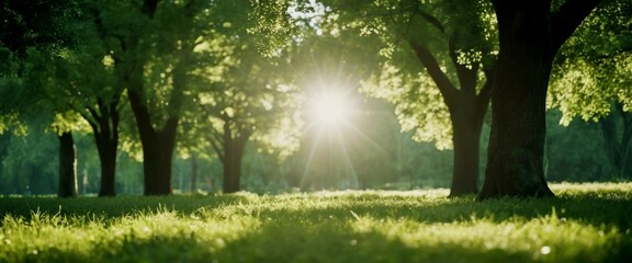 Wall Mural - Dreamy sun-dappled clearing in a lush green park