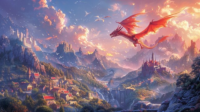 An enchanting, fantasy illustration of a dragon flying over a medieval village, with castles, knights, and magical elements, perfect for book covers and game art. Illustration, Minimalism,