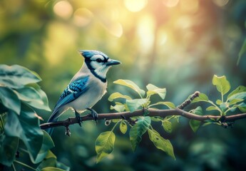 A Blue Jay Bird perched on a tree branch, with a beautiful scenic background, nature