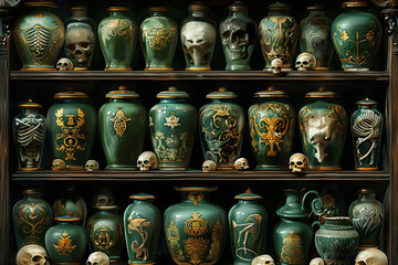 Wall Mural - Green and Gold Potion Jars, Skulls, Gothic Fantasy Shelves, Dark Decor, High Resolution Illustration, Fantasy Art