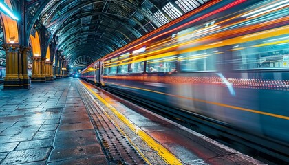 train moving in a busy station with vibrant light trails - ai generated digital art