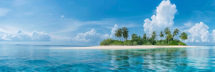 Poster - A wide-angle view showcasing a pristine, uninhabited tropical island with white sand beaches, turquoise waters, and lush palm trees swaying in the gentle breeze