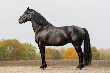 Wall Mural - the beside view Friesian Horse standing, left side view, white copy space on right