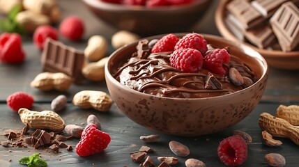 Wall Mural - Peanuts chocolate icing and raspberries in bowl very detailed and realistic shape