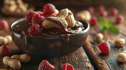 Wall Mural - Peanuts chocolate icing and raspberries in bowl very detailed and realistic shape