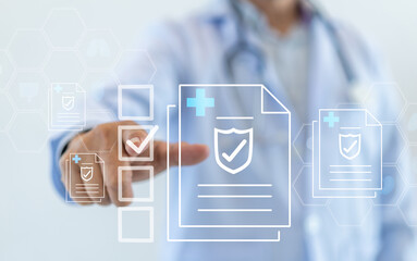 Wall Mural - Doctor pointing digital health record icon on virtual screen, representing modern healthcare technology and digital health records, health, medical record, healthcare innovation and medical technology