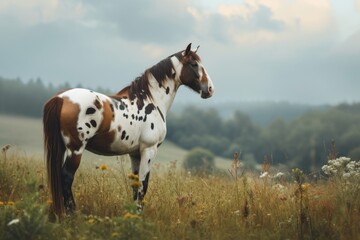 Wall Mural - View from side body of a Paint Horse standing on grass, Awe-inspiring, Full body shot ::2 Side Angle View