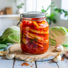 Poster - Kimchi in a transparent glass jar on a white wooden table. Fresh cabbage and garlic cloves are found near pickled kimchi against the backdrop of a light kitchen