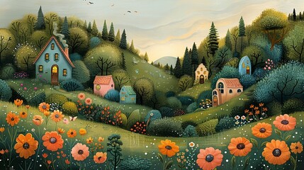 Wall Mural - A whimsical, magical illustration of a fairy garden, with tiny houses, sparkling flowers, and whimsical creatures like fairies and elves. Illustration, Minimalism,