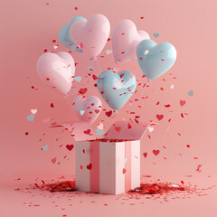 Wall Mural - Cute love message popping out of an open present box with confetti and heart shape balloons around. 3d scene design. Suitable for Valentine's Day and Mother's Day, Happy Birthday