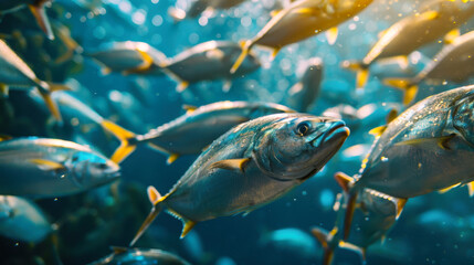 A school of fish swimming in a clear underwater habitat. The image captures the beauty and movement of marine life, showcasing a vibrant and healthy aquatic environment.