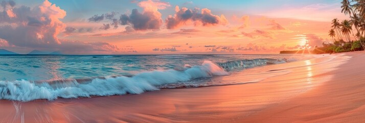 Poster - A stunning sunset over a tropical beach with palm trees, turquoise water, and breaking waves. The sky is ablaze with vibrant orange and pink hues