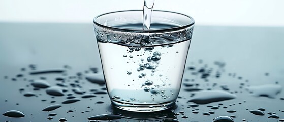 Crystal clear water pours into a glass, cold and fresh, ice cubes floating, bubbles rising, isolated on a blue and white background, refreshing beverage.