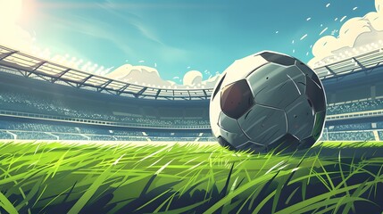 Wall Mural - Soccer Ball in a Stadium. soccer ball on green grass in the center of a stadium