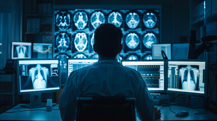 A man is sitting in front of a computer monitor with several images of the human body on it. He is wearing a white lab coat and he is focused on the images. Scene is serious and focused