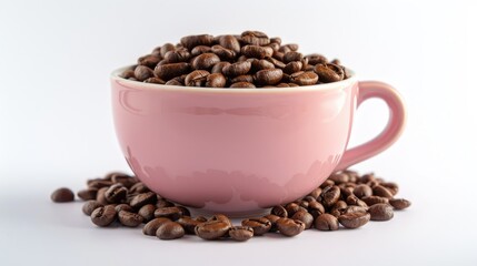 Sticker - Coffee beans roasted in a pink cup on white backdrop with selective focus