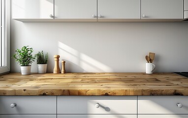 Modern Kitchen Countertop With Wooden Grain and White Cabinets