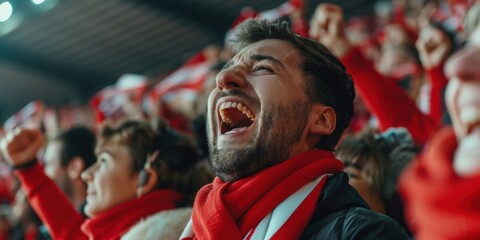 Enthused soccer supporters cheering on the Austrian national team during a live match at the stadium.