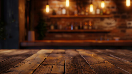 Wall Mural - A wooden table with a blurry background and lights in the background. The scene is warm and inviting