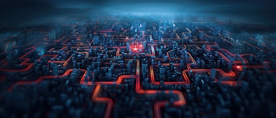 Futuristic neon cityscape with intricate red circuit lines forming a complex network. Technology and digital concept art.