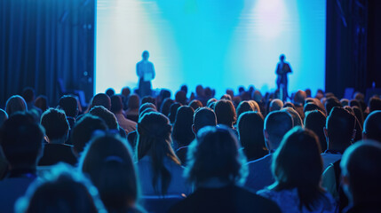 audience engaged: crowd watching two presenters on stage at blue-themed event with white backdrop sc