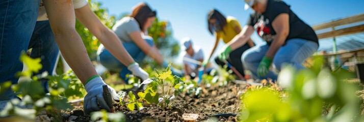 a close-up image of volunteers working in a community garden, tending to plants on a sunny day