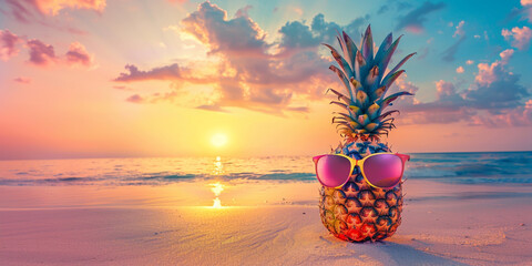 A pineapple wearing sunglasses on the beach with a sunset background