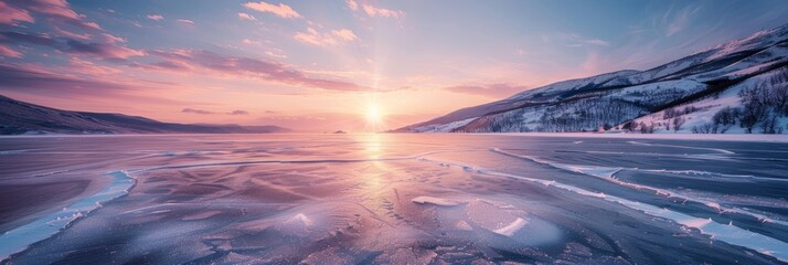 Wall Mural - A stunning low-angle photograph captures a frozen lake at sunset, with mountains in the background and a vibrant pink sky