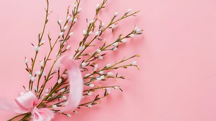 Wall Mural - Easter decoration willow with a pink ribbon on pastel pink background top view
