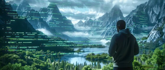 a man contemplates a vista filled with digital data streams and intricate code patterns, representing the forefront of AI technology