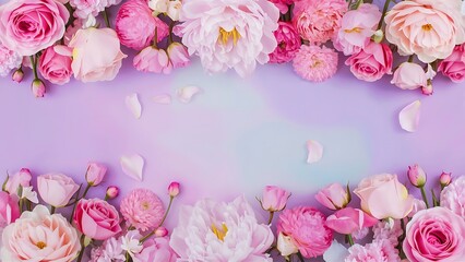 Wall Mural - Top view image of pink flowers composition over pastel background